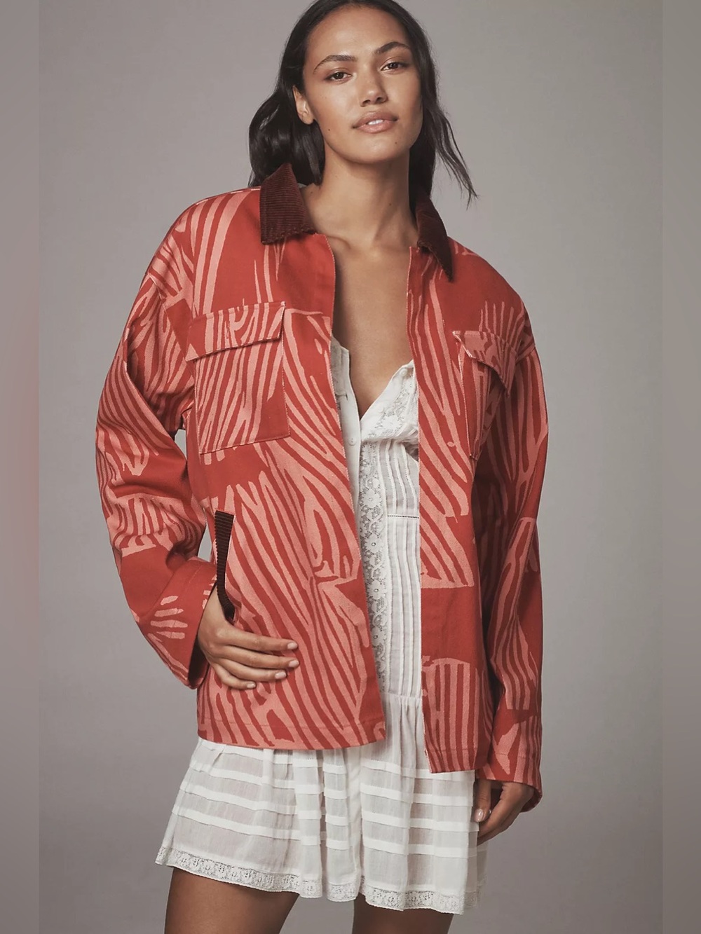Anthropologie Bel Kazan Printed Eclectic Barn Chore Jacket Corduroy Collar Pink